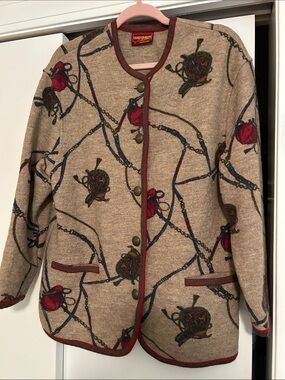 Beige Boiled wool warm Jacket with Red Trim and Equestrian Print